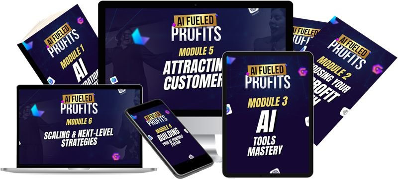 AI Fueled Profits module covers: AI Foundation, Choosing Your Profit Path, AI Tools Mastery, Building Your AI-Powered System, Attracting Customers, and Scaling & Next-Level Strategies